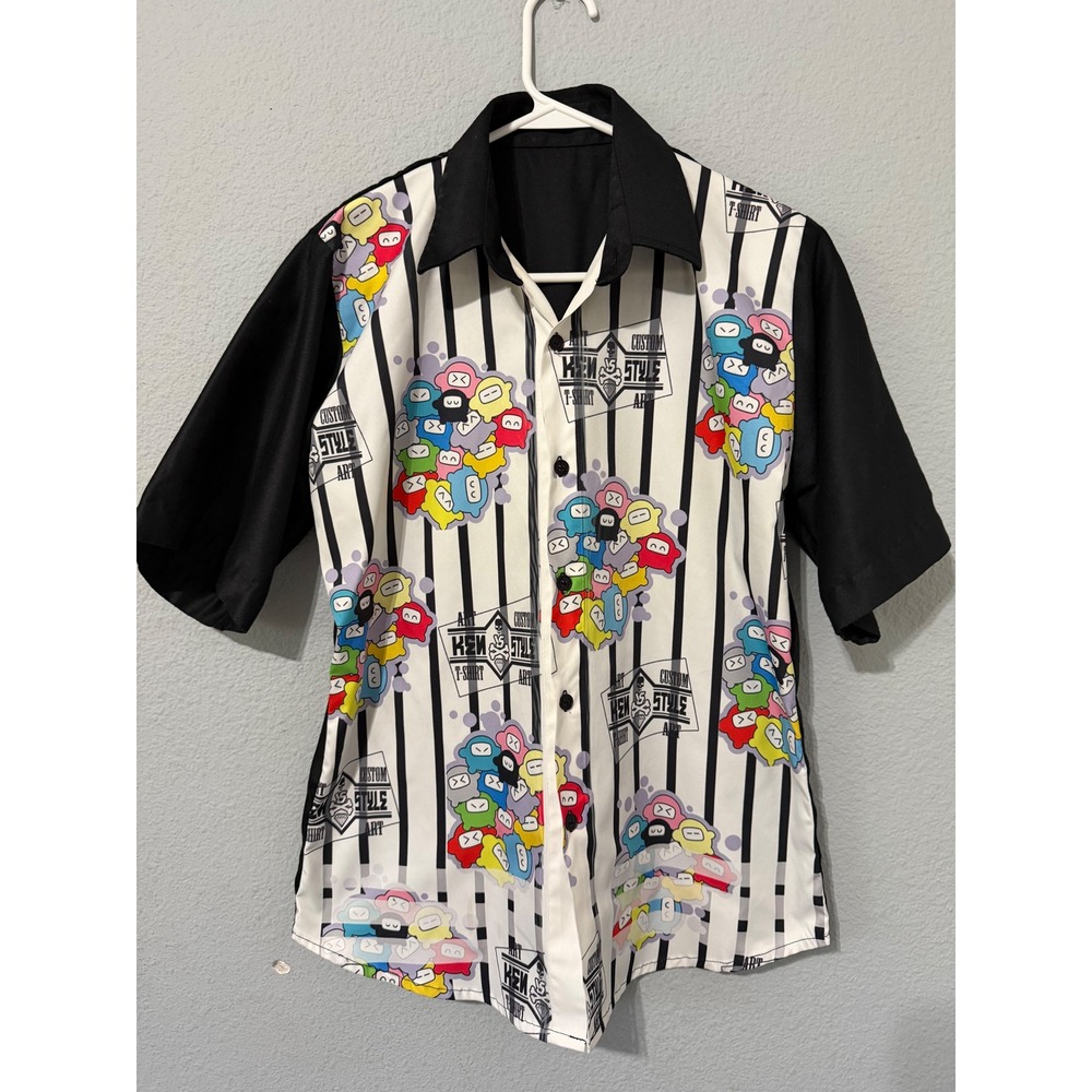 Ken Style Mens Graphic Button Down Shirt M Black White Striped Character Print